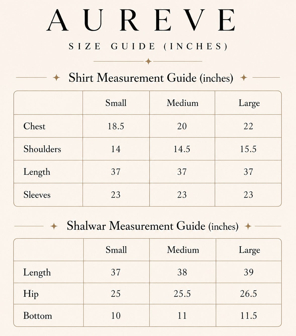 size chart Roselle Embroidered 3-Piece Lawn